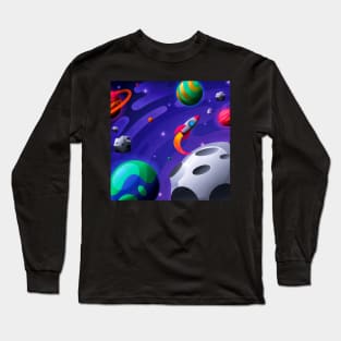 Colorful Outer Space with Planets and Spaceship Long Sleeve T-Shirt